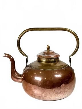 Large Antique 1900s Belgian Copper Brass Water Kettle Gooseneck with Acorn Final